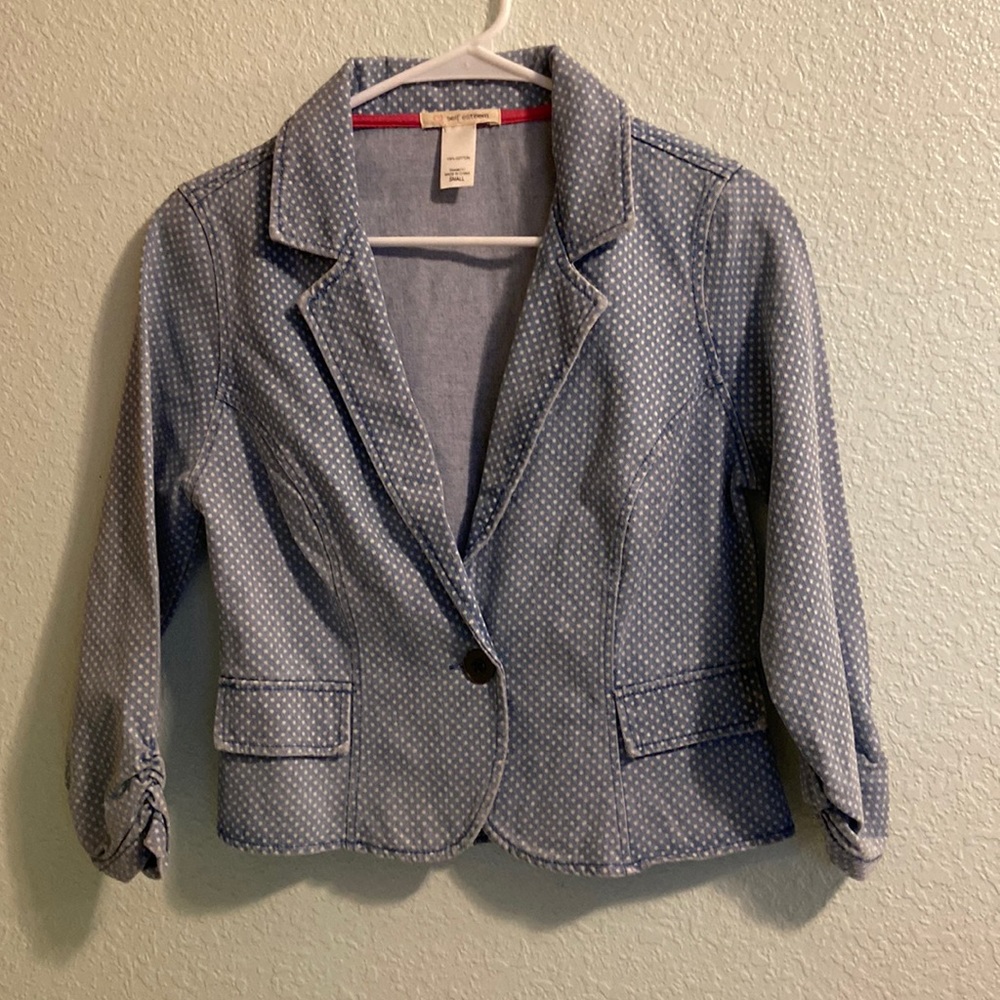 Women’s short, light blue polka dot jean jacket size S